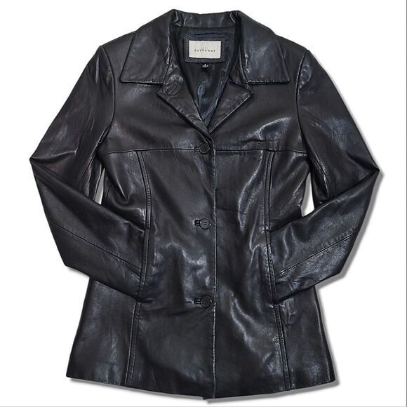 Hathaway Vintage Black Leather Buttery Soft Button-Up Fitted Jacket Coat - Picture 1 of 9